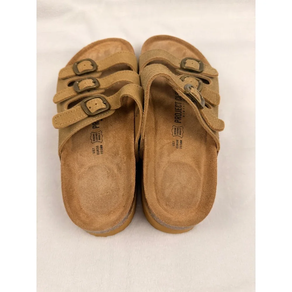 Project Cloud Tan Suede Platform Slide Sandals Triple Buckle Memory Foam US 7